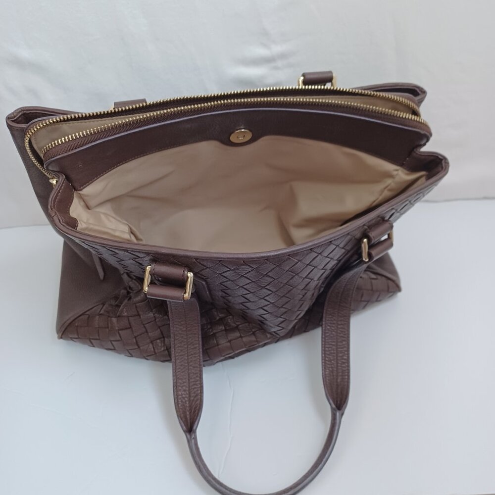Cole Haan Handbag Dark Chocolate Woven Leather Basket Weave Shoulder Tote - Picture 5 of 16
